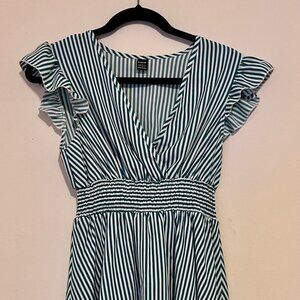 SHEIN Women's V-Neck Short Mint Green Striped Dress with Ruffle Trim Waist